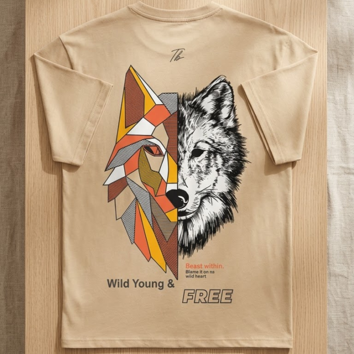Men’s Beige Oversized Wolf Graphic Printed Streetwear T-Shirt