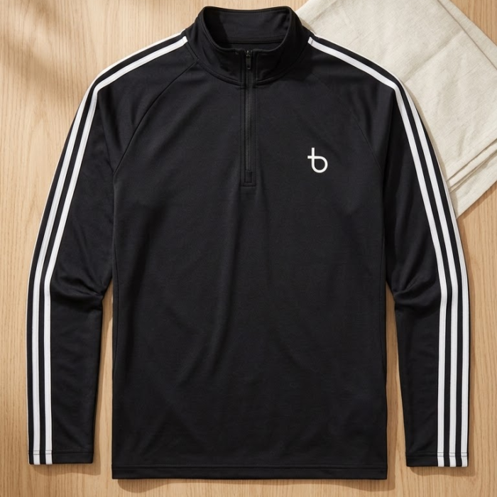Men’s Black 3-Stripe Full Sleeve Zip Neck Sports T-Shirt